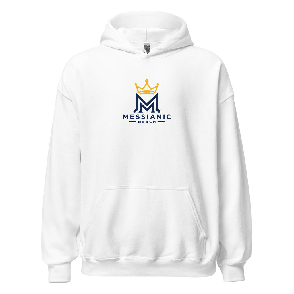 White | Front view of the Ruach Hebrew faith hoodie featuring the Messianic Merch logo.