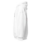 White | Left side profile of the Ruach Hebrew faith hoodie highlighting the sleeve cuff and hood structure. 
