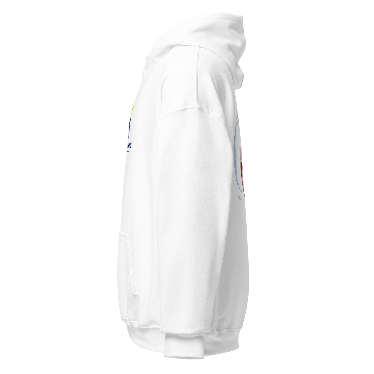 White | Left side profile of the Ruach Hebrew faith hoodie highlighting the sleeve cuff and hood structure. 