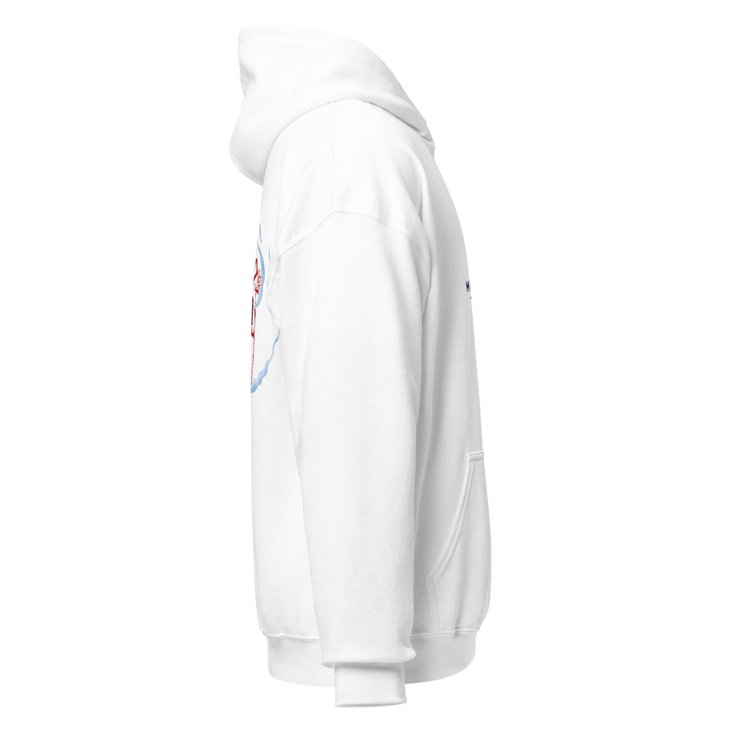 White | Right side close-up of the Ruach Hebrew faith hoodie displaying the pocket detail and seam lines.