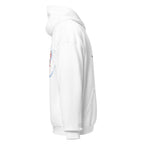 White | Right side close-up of the Ruach Hebrew faith hoodie displaying the pocket detail and seam lines.