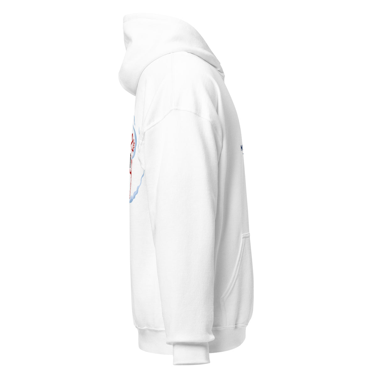 White | Right side close-up of the Ruach Hebrew faith hoodie displaying the pocket detail and seam lines.