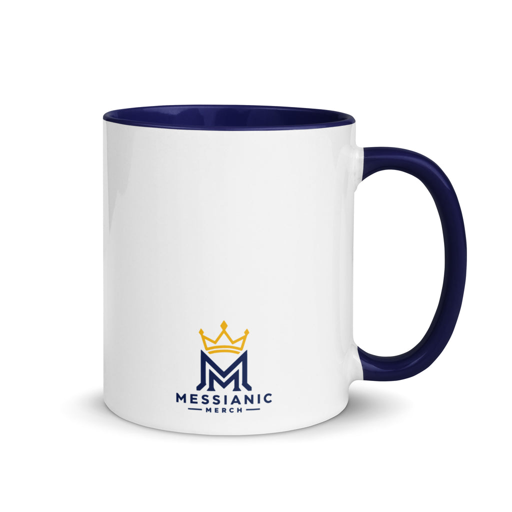 11 oz | Back view of white and blue Yeshua King ceramic coffee mug featuring Messianic merch logo with blue handle, rim, and interior.
