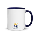 11 oz | Back view of white and blue Yeshua King ceramic coffee mug featuring Messianic merch logo with blue handle, rim, and interior.