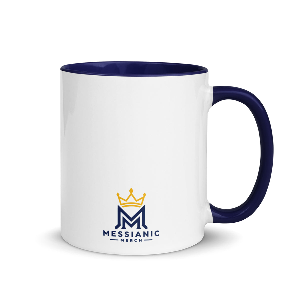 11 oz | Back view of white and blue Yeshua King ceramic coffee mug featuring Messianic merch logo with blue handle, rim, and interior.
