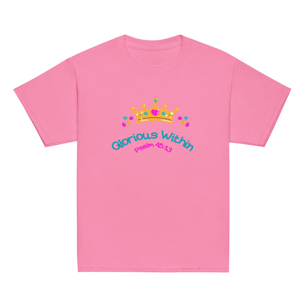 Azalea | Front of King's Daughter girls faith T-shirt featuring a colorful jeweled crown, flowers, “Glorious Within,” and Psalm 45:13.