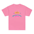 Azalea | Front of King's Daughter girls faith T-shirt featuring a colorful jeweled crown, flowers, “Glorious Within,” and Psalm 45:13.