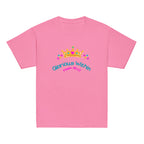 Azalea | Front of King's Daughter girls faith T-shirt featuring a colorful jeweled crown, flowers, “Glorious Within,” and Psalm 45:13.