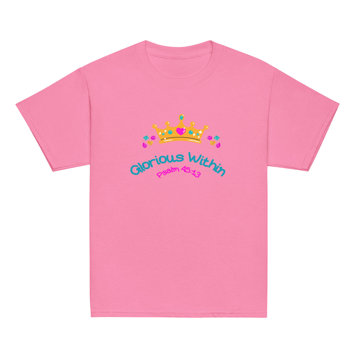 Azalea | Front of King's Daughter girls faith T-shirt featuring a colorful jeweled crown, flowers, “Glorious Within,” and Psalm 45:13.