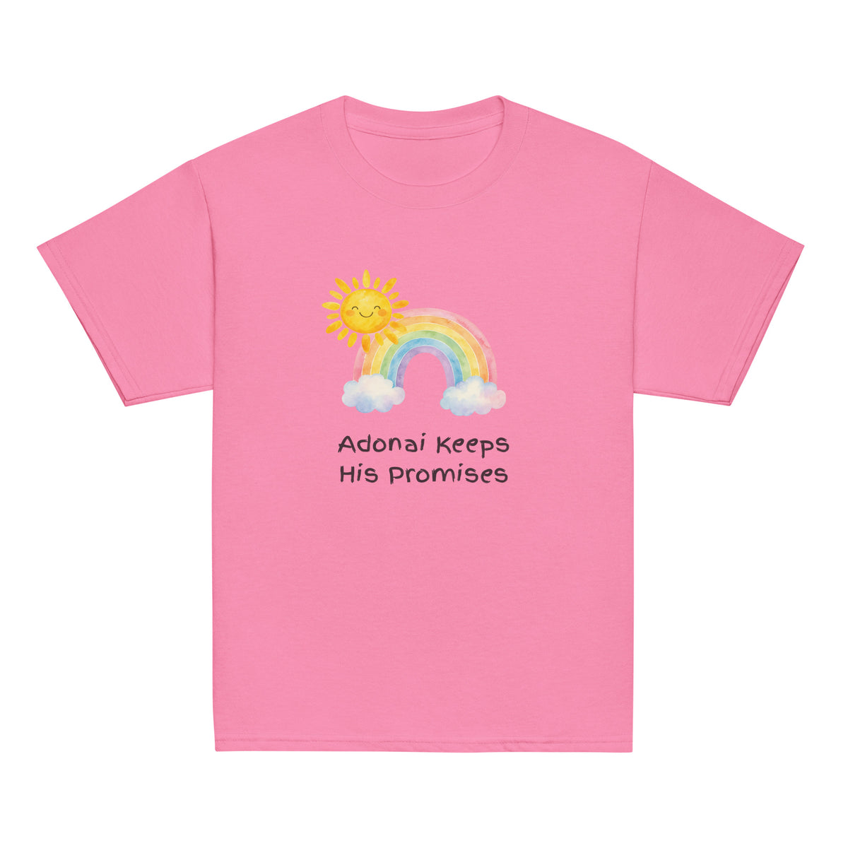 Azalea | Front of Promises youth faith T-shirt featuring a watercolor rainbow, smiling sun, clouds, and the words Adonai Keeps His Promises.