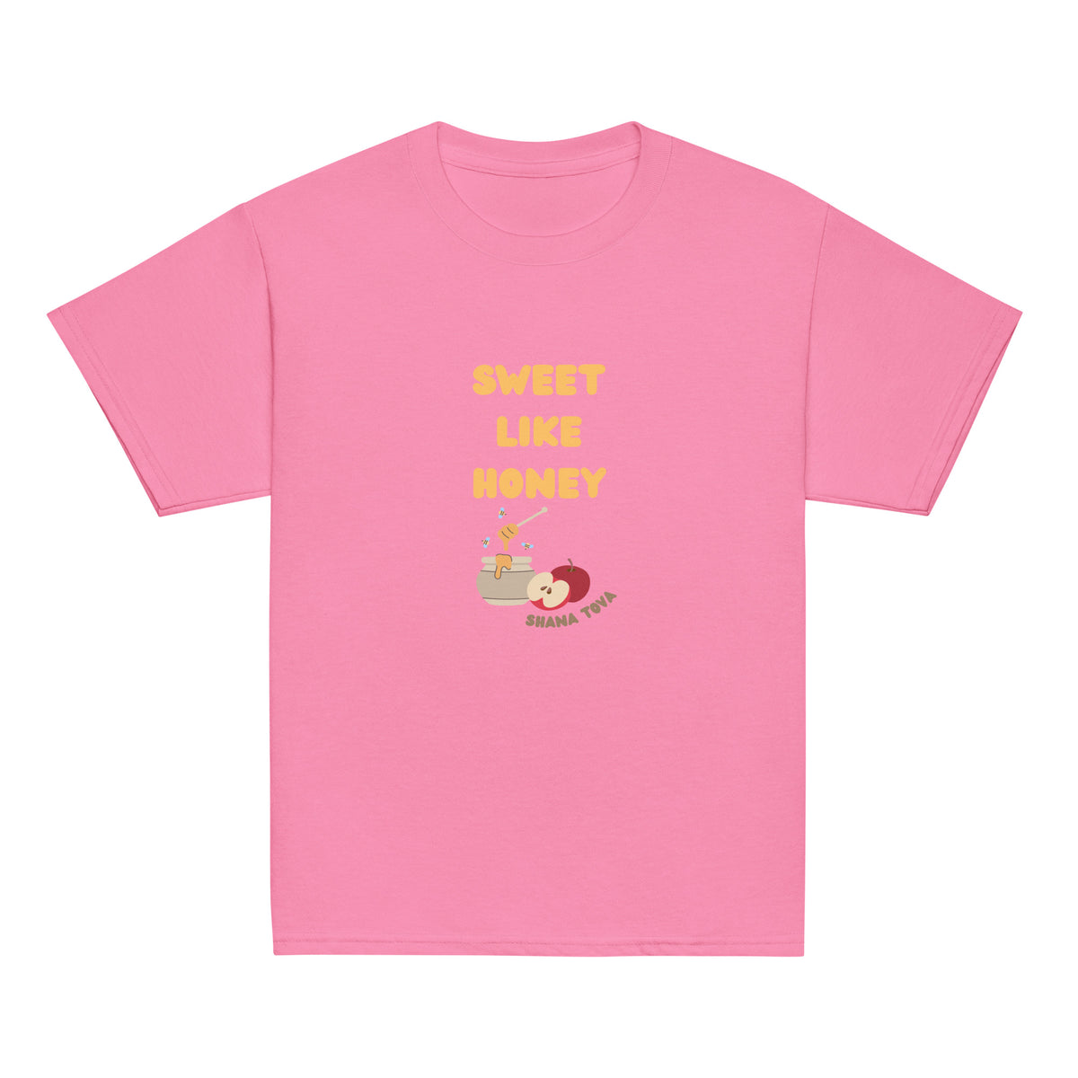 Azalea | Front of Sweet Like Honey Kids Rosh Hashanah Shirt shirt featuring Sweet Like Honey text, honey pot, apples, bees, and Shana Tova