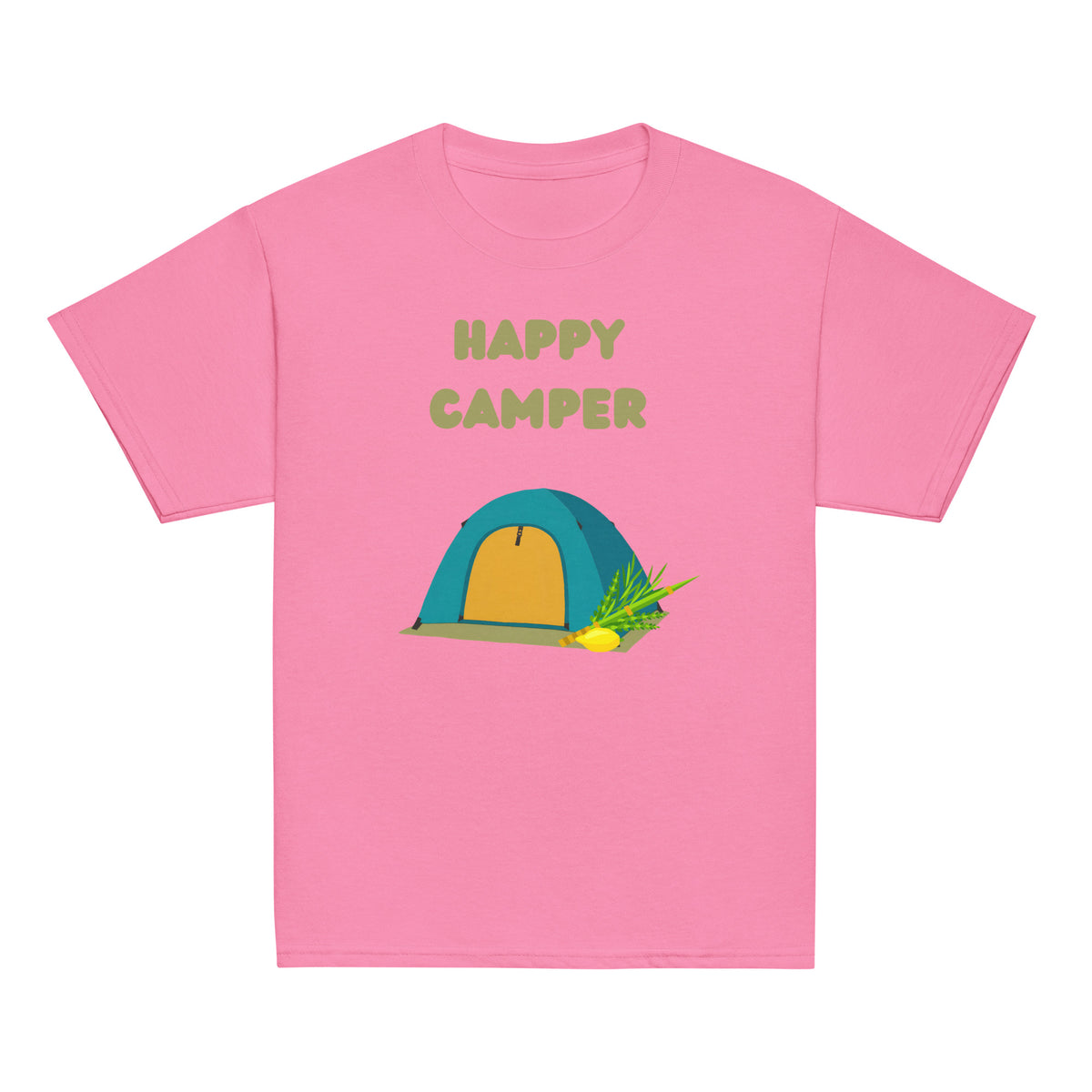 Azalea | Front of Kids’ Happy Camper Sukkot design with colorful camping tent, lulav and etrog