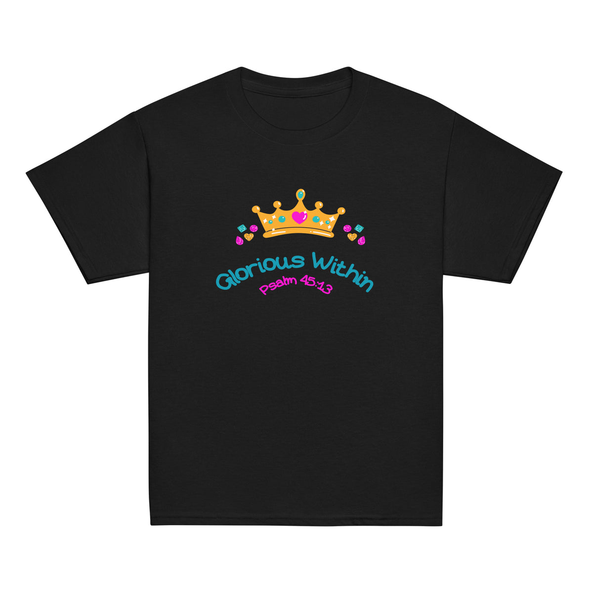 Black | Front of King's Daughter girls faith T-shirt featuring a colorful jeweled crown, flowers, “Glorious Within,” and Psalm 45:13.