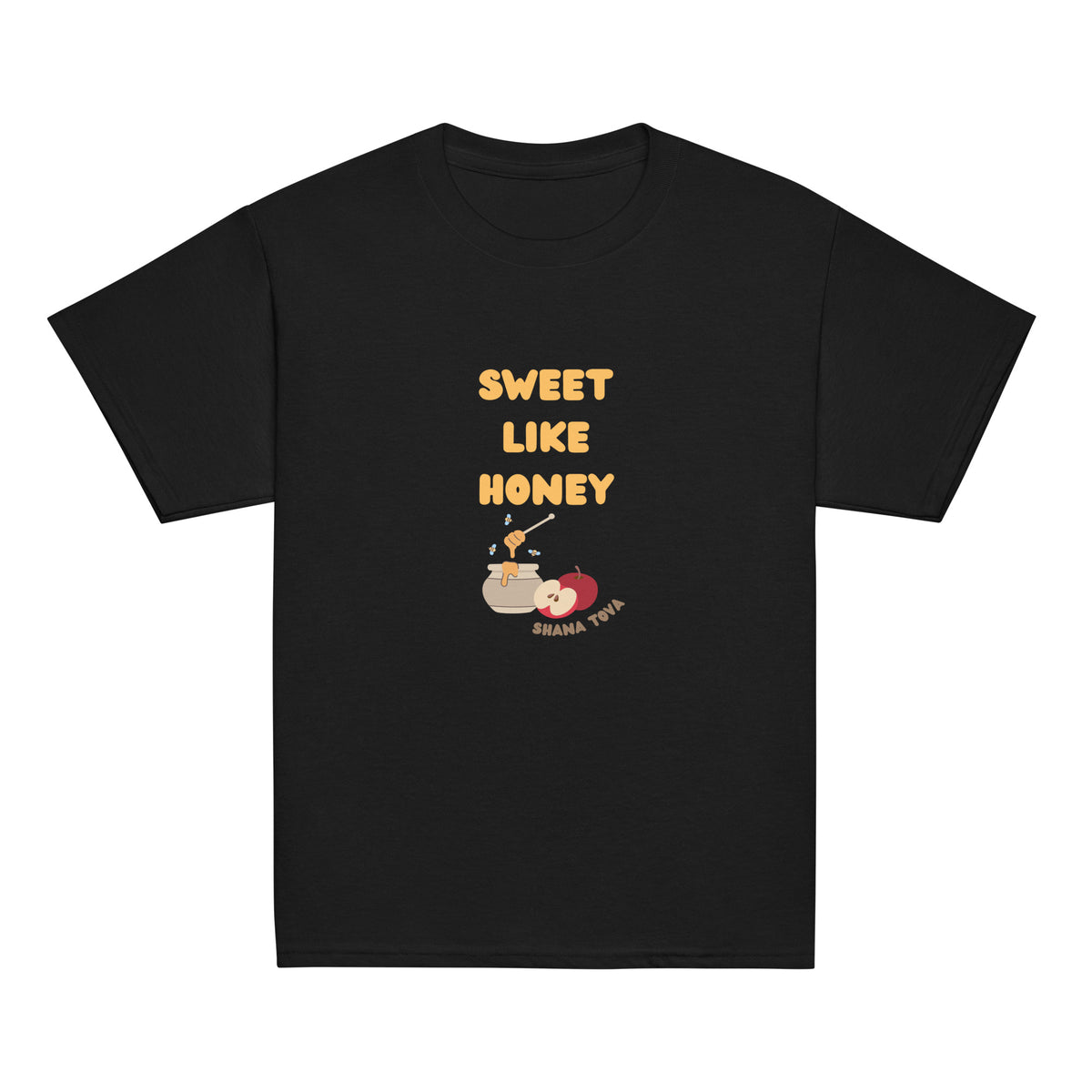Black | Front of Sweet Like Honey Kids Rosh Hashanah Shirt shirt featuring Sweet Like Honey text, honey pot, apples, bees, and Shana Tova