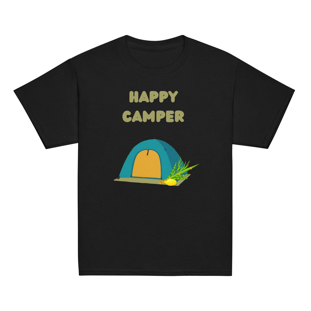 Black | Front of Kids’ Happy Camper Sukkot design with colorful camping tent, lulav and etrog