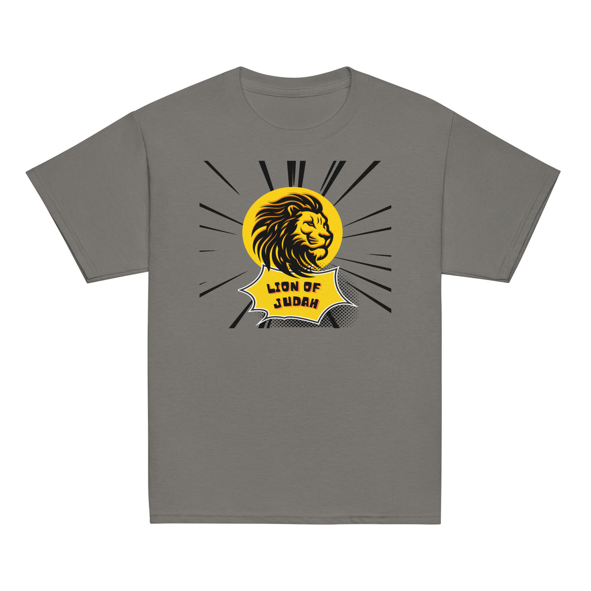 Charcoal | Front of the Lion of Judah boys T-shirt featuring a bold black and gold lion, yellow sunburst, and comic-inspired Lion of Judah graphic.