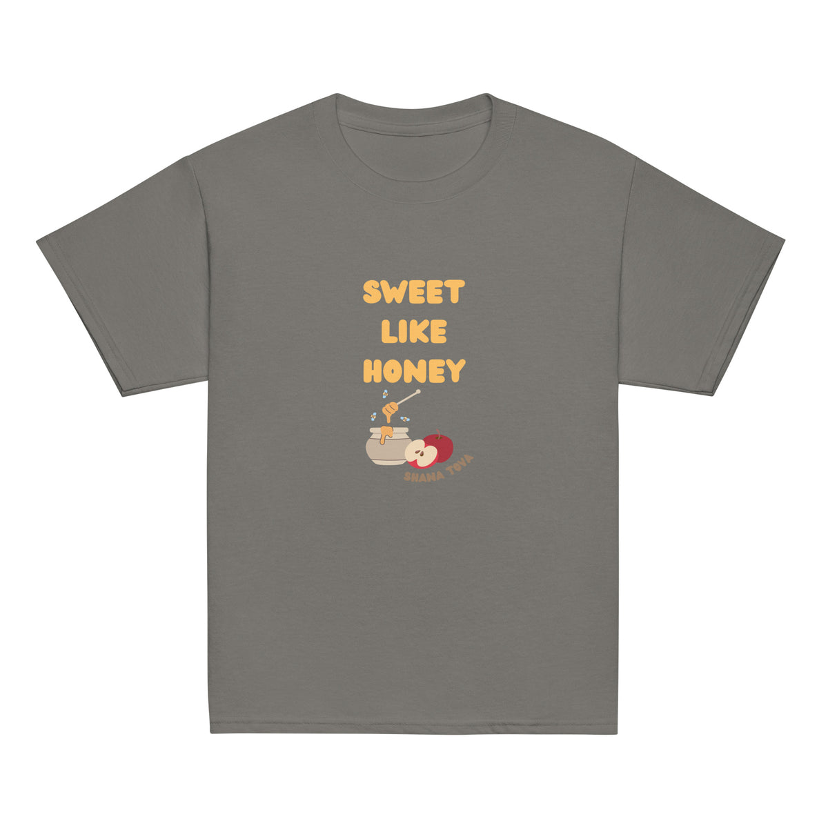 Charcoal | Front of Sweet Like Honey Kids Rosh Hashanah Shirt shirt featuring Sweet Like Honey text, honey pot, apples, bees, and Shana Tova