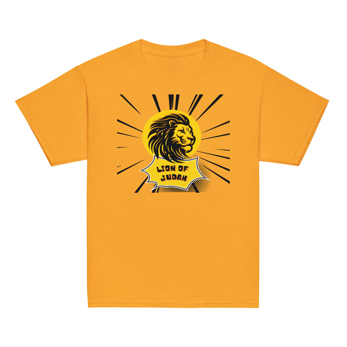Gold | Front of the Lion of Judah boys T-shirt featuring a bold black and gold lion, yellow sunburst, and comic-inspired Lion of Judah graphic.