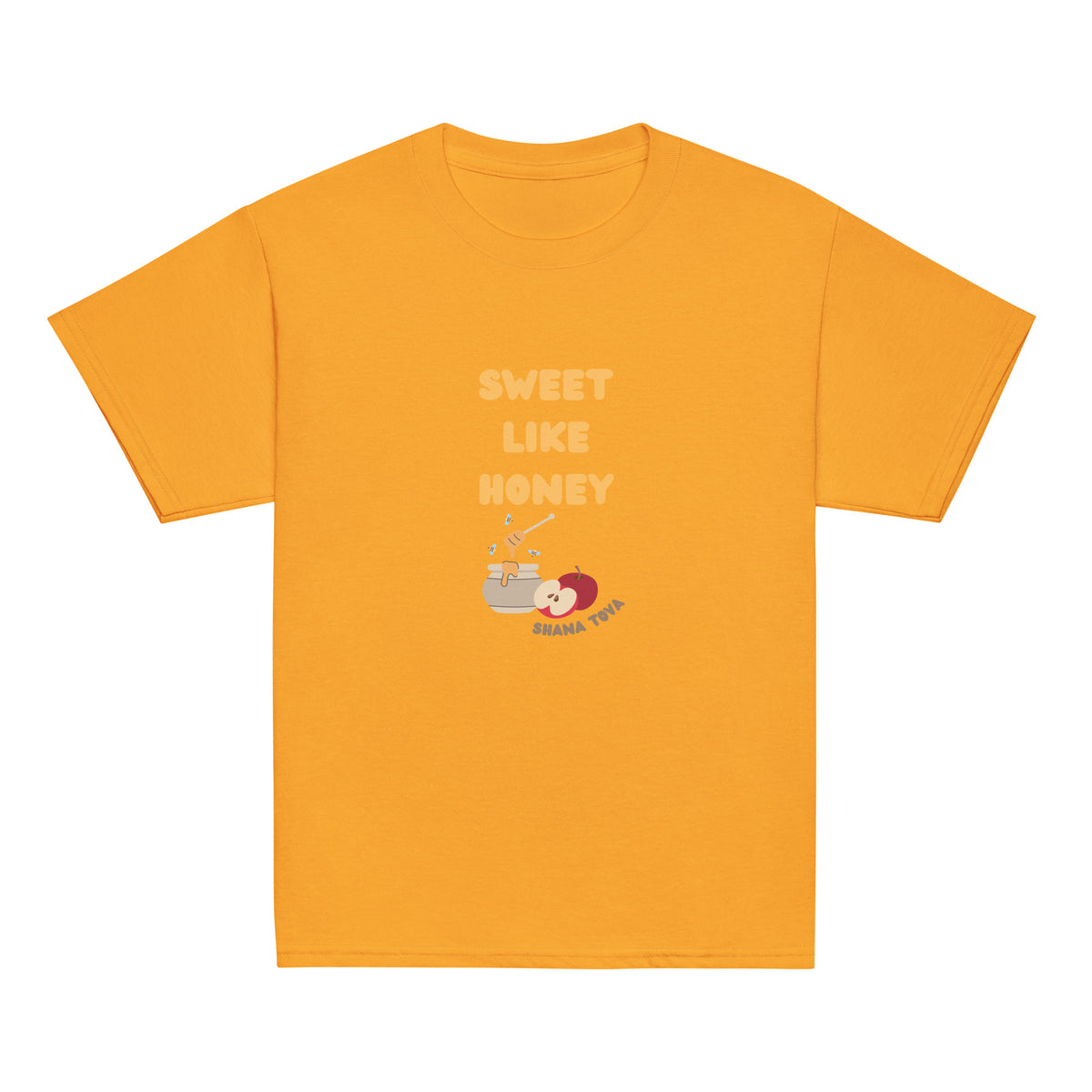 Gold | Front of Sweet Like Honey Kids Rosh Hashanah Shirt shirt featuring Sweet Like Honey text, honey pot, apples, bees, and Shana Tova