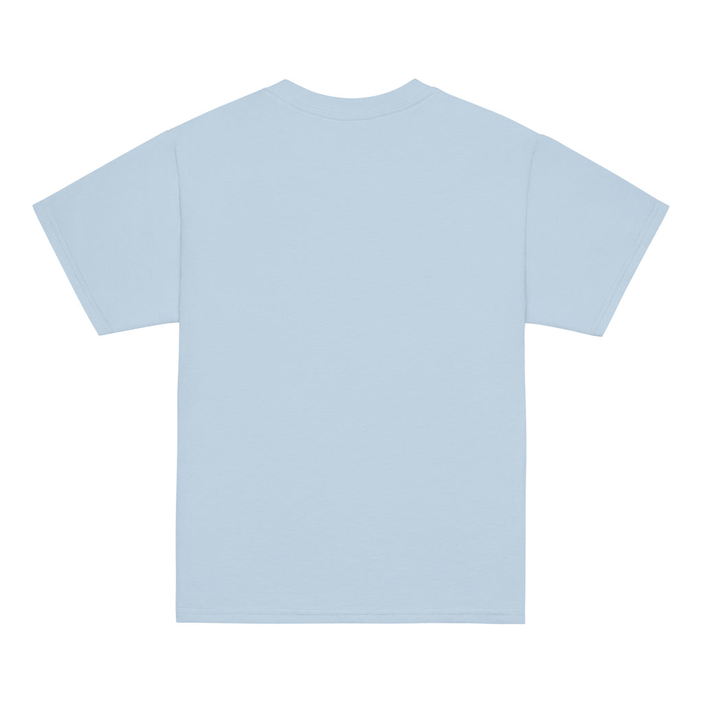 Light Blue | Back of Shalom youth faith T-shirt featuring a solid background.