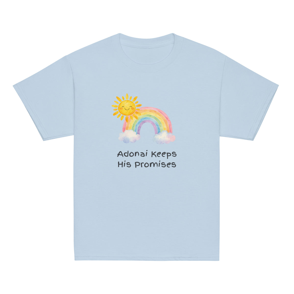 Light Blue | Front of Promises youth faith T-shirt featuring a watercolor rainbow, smiling sun, clouds, and the words Adonai Keeps His Promises.