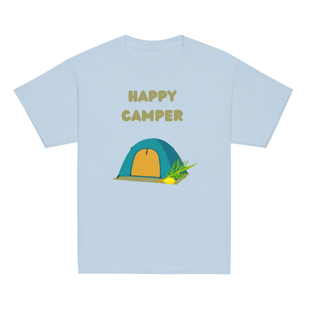 Light Blue | Front of Kids’ Happy Camper Sukkot design with colorful camping tent, lulav and etrog