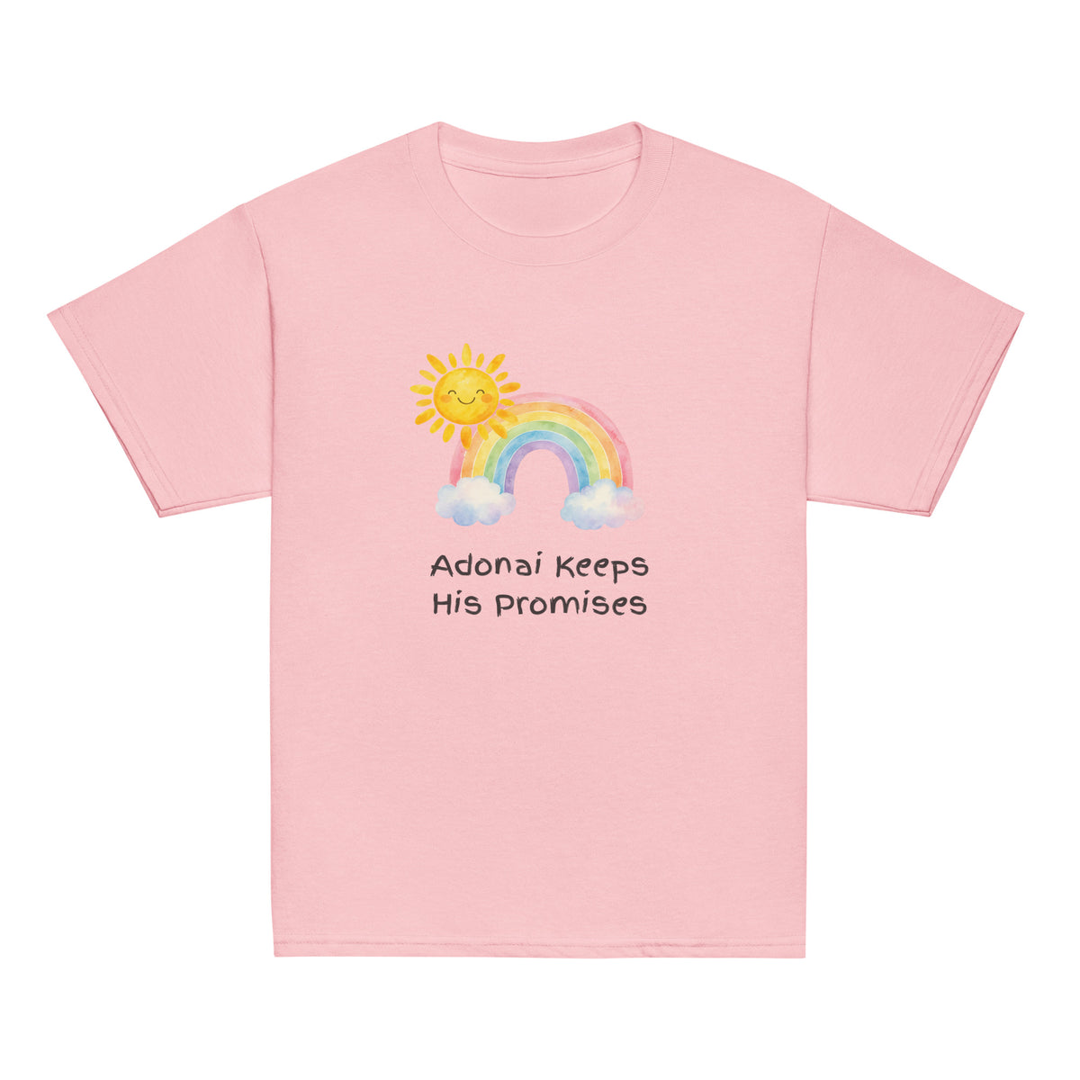 Light Pink | Front of Promises youth faith T-shirt featuring a watercolor rainbow, smiling sun, clouds, and the words Adonai Keeps His Promises.