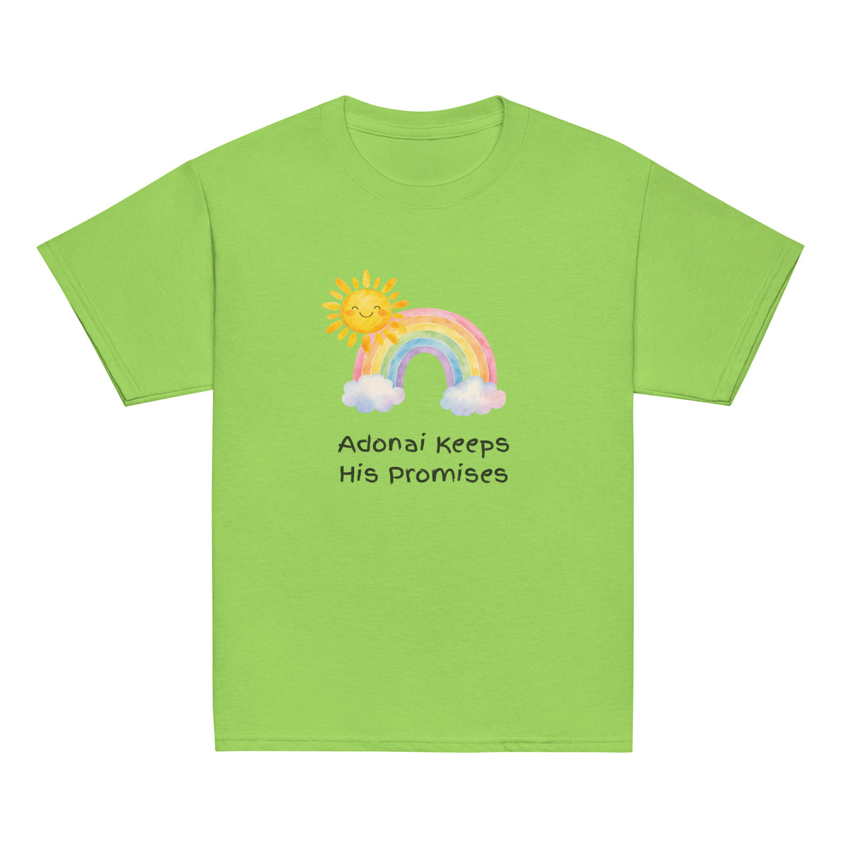 Lime | Front of Promises youth faith T-shirt featuring a watercolor rainbow, smiling sun, clouds, and the words Adonai Keeps His Promises.