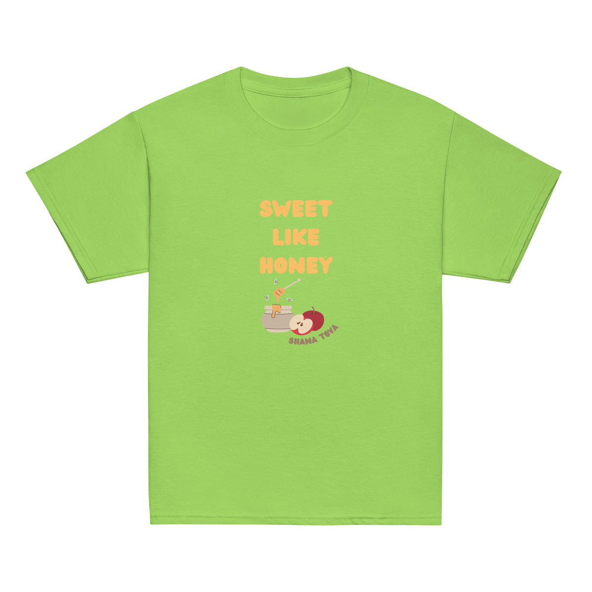 Lime | Front of Sweet Like Honey Kids Rosh Hashanah Shirt shirt featuring Sweet Like Honey text, honey pot, apples, bees, and Shana Tova