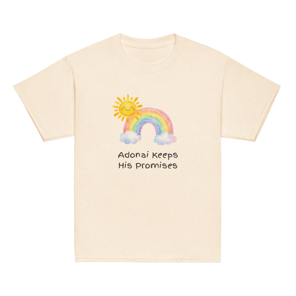 Natural | Front of Promises youth faith T-shirt featuring a watercolor rainbow, smiling sun, clouds, and the words Adonai Keeps His Promises.
