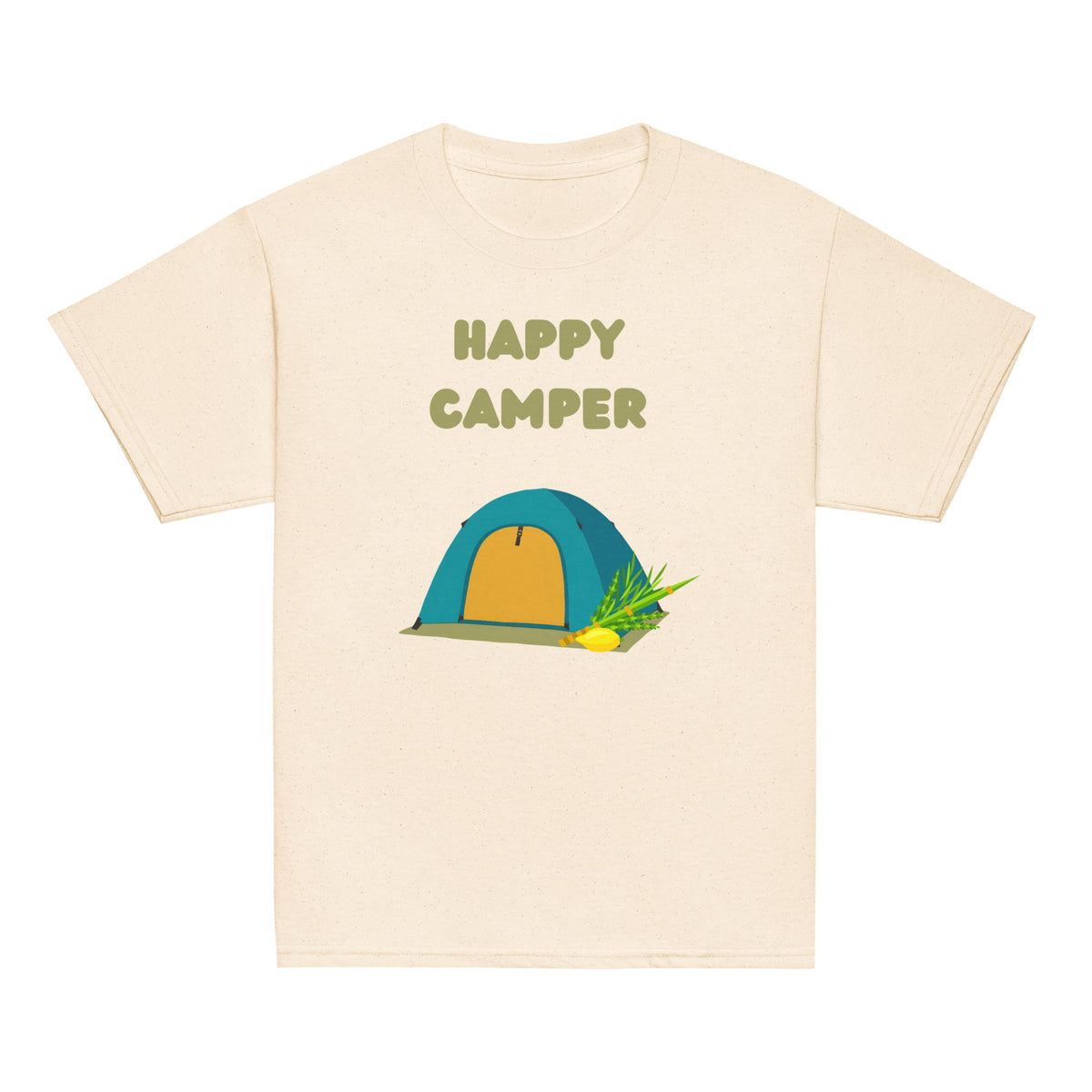 Natural | Front of Kids’ Happy Camper Sukkot design with colorful camping tent, lulav and etrog
