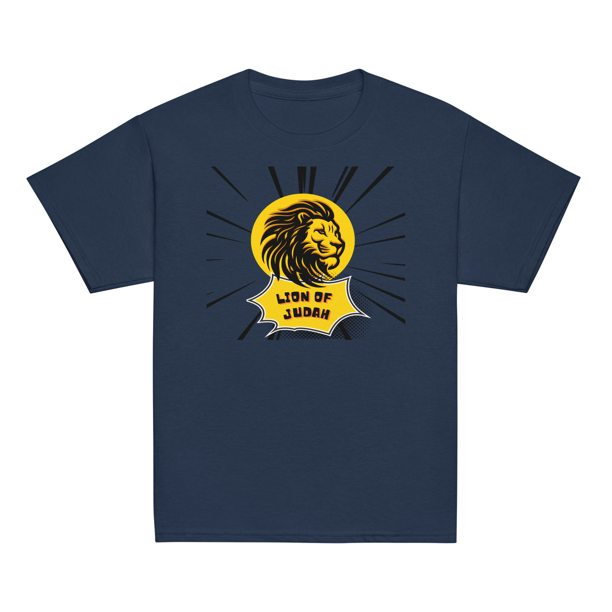 Navy | Front of the Lion of Judah boys T-shirt featuring a bold black and gold lion, yellow sunburst, and comic-inspired Lion of Judah graphic.