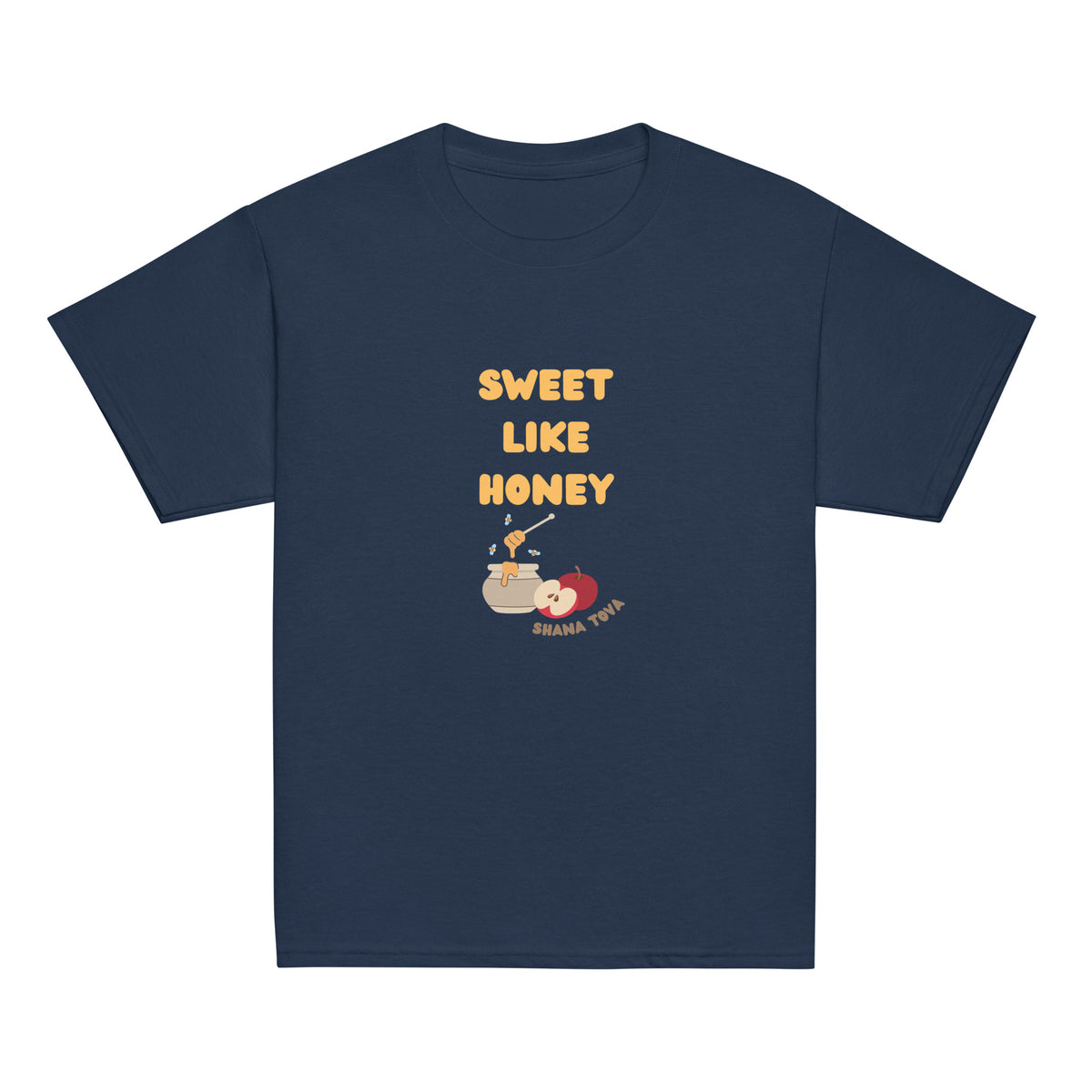 Navy | Front of Sweet Like Honey Kids Rosh Hashanah Shirt shirt featuring Sweet Like Honey text, honey pot, apples, bees, and Shana Tova