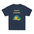 Navy | Front of Kids’ Happy Camper Sukkot design with colorful camping tent, lulav and etrog