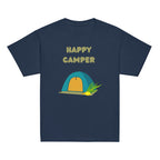Navy | Front of Kids’ Happy Camper Sukkot design with colorful camping tent, lulav and etrog