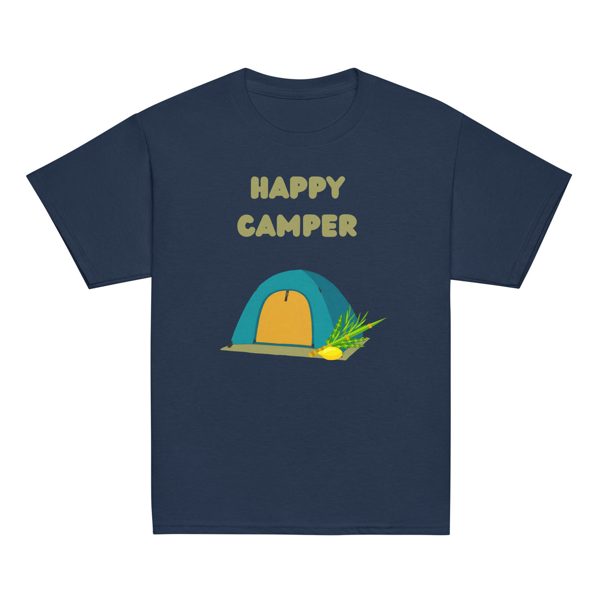 Navy | Front of Kids’ Happy Camper Sukkot design with colorful camping tent, lulav and etrog