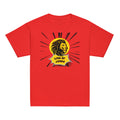 Red | Front of the Lion of Judah boys T-shirt featuring a bold black and gold lion, yellow sunburst, and comic-inspired Lion of Judah graphic.