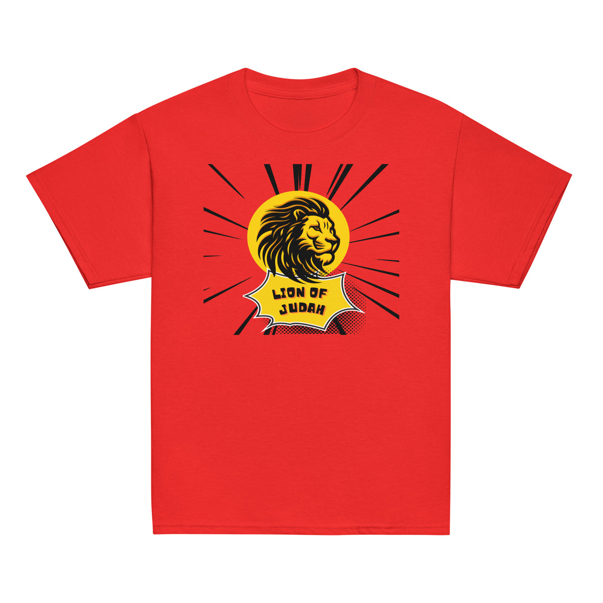 Red | Front of the Lion of Judah boys T-shirt featuring a bold black and gold lion, yellow sunburst, and comic-inspired Lion of Judah graphic.