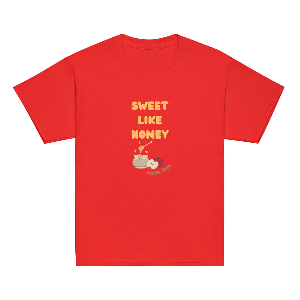 Red | Front of Sweet Like Honey Kids Rosh Hashanah Shirt shirt featuring Sweet Like Honey text, honey pot, apples, bees, and Shana Tova