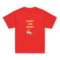 Red | Front of Sweet Like Honey Kids Rosh Hashanah Shirt shirt featuring Sweet Like Honey text, honey pot, apples, bees, and Shana Tova