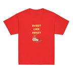 Red | Front of Sweet Like Honey Kids Rosh Hashanah Shirt shirt featuring Sweet Like Honey text, honey pot, apples, bees, and Shana Tova