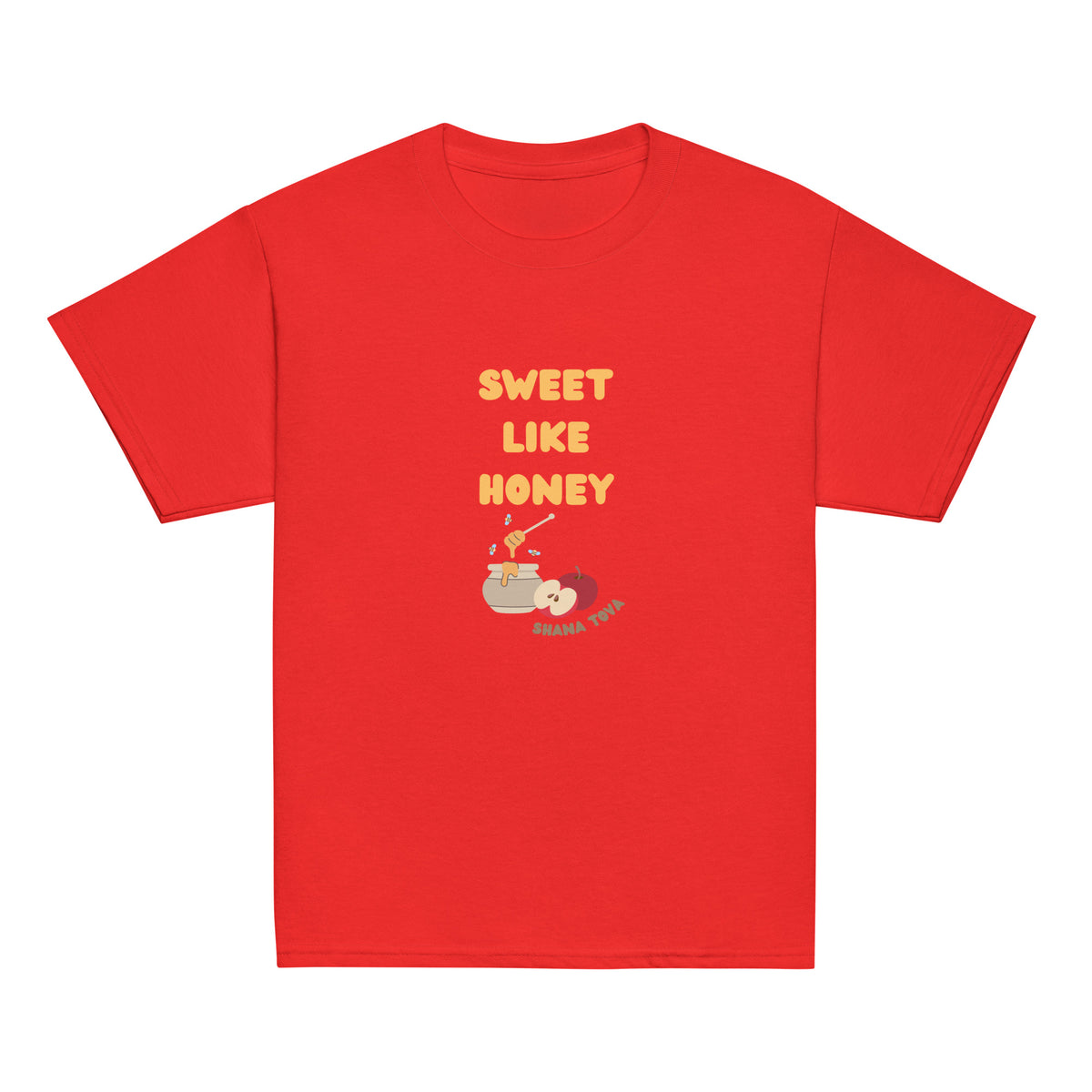 Red | Front of Sweet Like Honey Kids Rosh Hashanah Shirt shirt featuring Sweet Like Honey text, honey pot, apples, bees, and Shana Tova