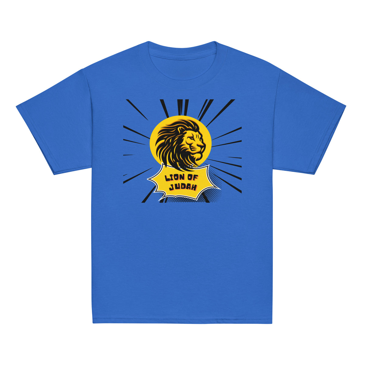 Royal | Front of the Lion of Judah boys T-shirt featuring a bold black and gold lion, yellow sunburst, and comic-inspired Lion of Judah graphic.
