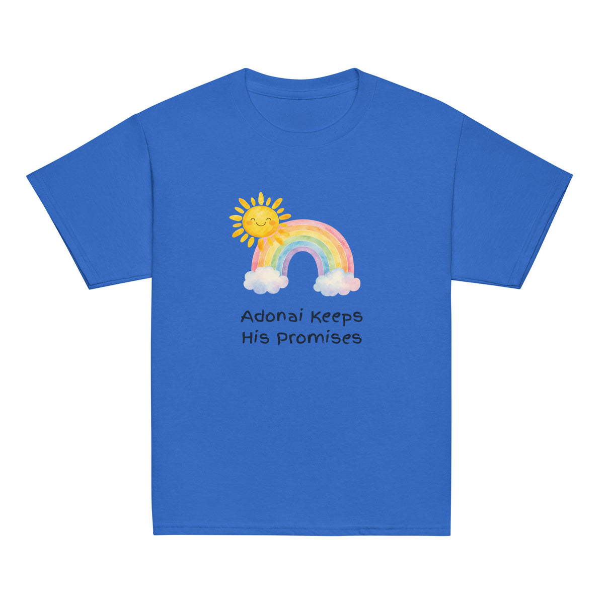 Royal | Front of Promises youth faith T-shirt featuring a watercolor rainbow, smiling sun, clouds, and the words Adonai Keeps His Promises.