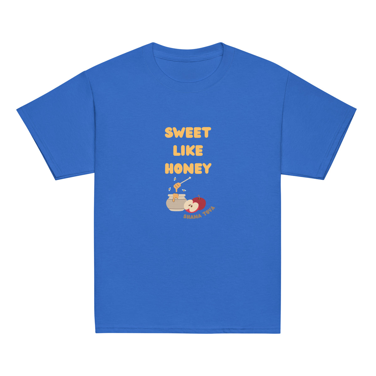 Royal | Front of Sweet Like Honey Kids Rosh Hashanah Shirt shirt featuring Sweet Like Honey text, honey pot, apples, bees, and Shana Tova