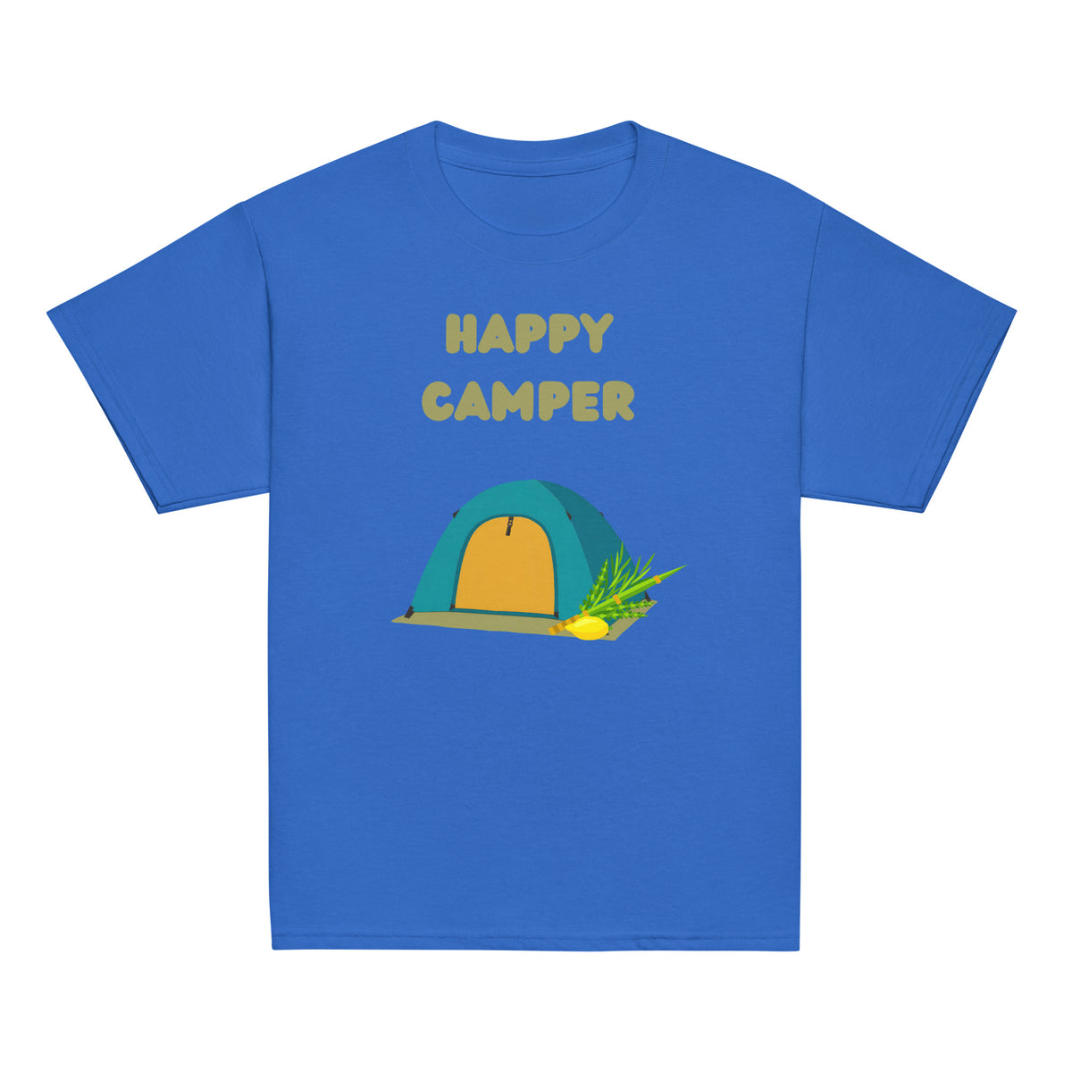 Royal | Front of Kids’ Happy Camper Sukkot design with colorful camping tent, lulav and etrog