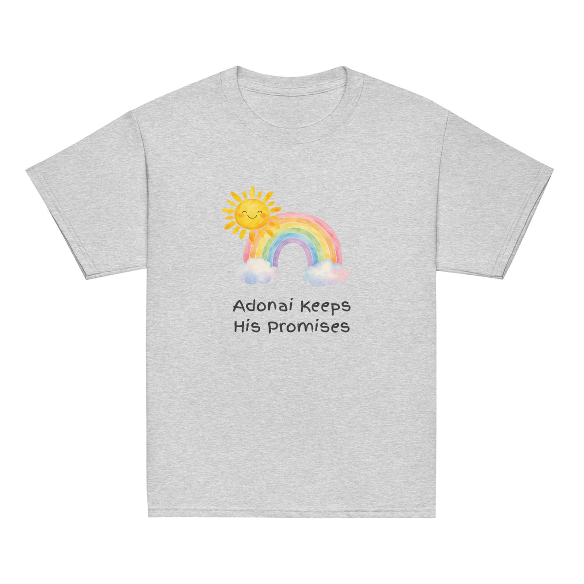 Sport Grey | Front of Promises youth faith T-shirt featuring a watercolor rainbow, smiling sun, clouds, and the words Adonai Keeps His Promises.