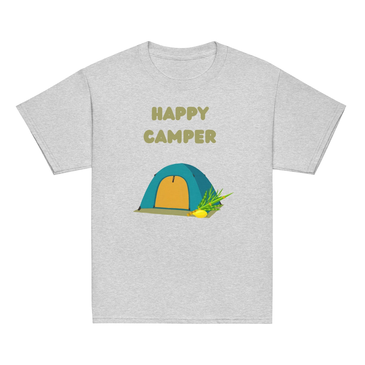 Sport Grey | Front of Kids’ Happy Camper Sukkot design with colorful camping tent, lulav and etrog