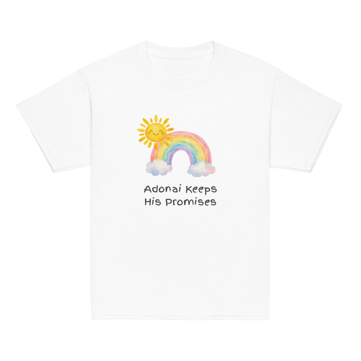 White | Front of Promises youth faith T-shirt featuring a watercolor rainbow, smiling sun, clouds, and the words Adonai Keeps His Promises.