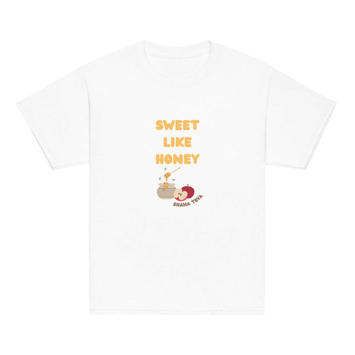 White | Front of Sweet Like Honey Kids Rosh Hashanah Shirt shirt featuring Sweet Like Honey text, honey pot, apples, bees, and Shana Tova